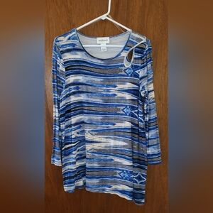 Peck & Peck Blue Print Asymetric Long Sleeve Top Sz Large